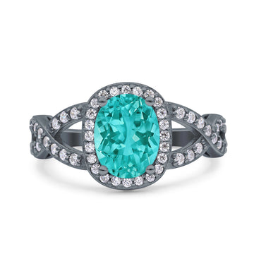 Infinity Twisted Shank Art Deco Oval Wedding Ring Black Tone, Simulated Paraiba Tourmaline CZ 925 Sterling Silver